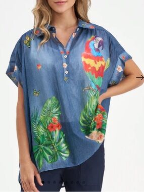 Ultra Lightweight 100%Cotton IndigoTropical Parrot pop over Top made in Italy